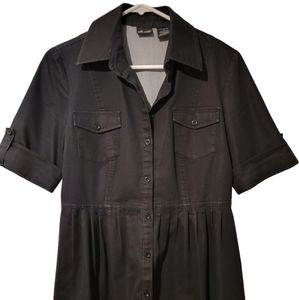 Black Short Sleeves Button  Denim Strechy Knee Length Dress